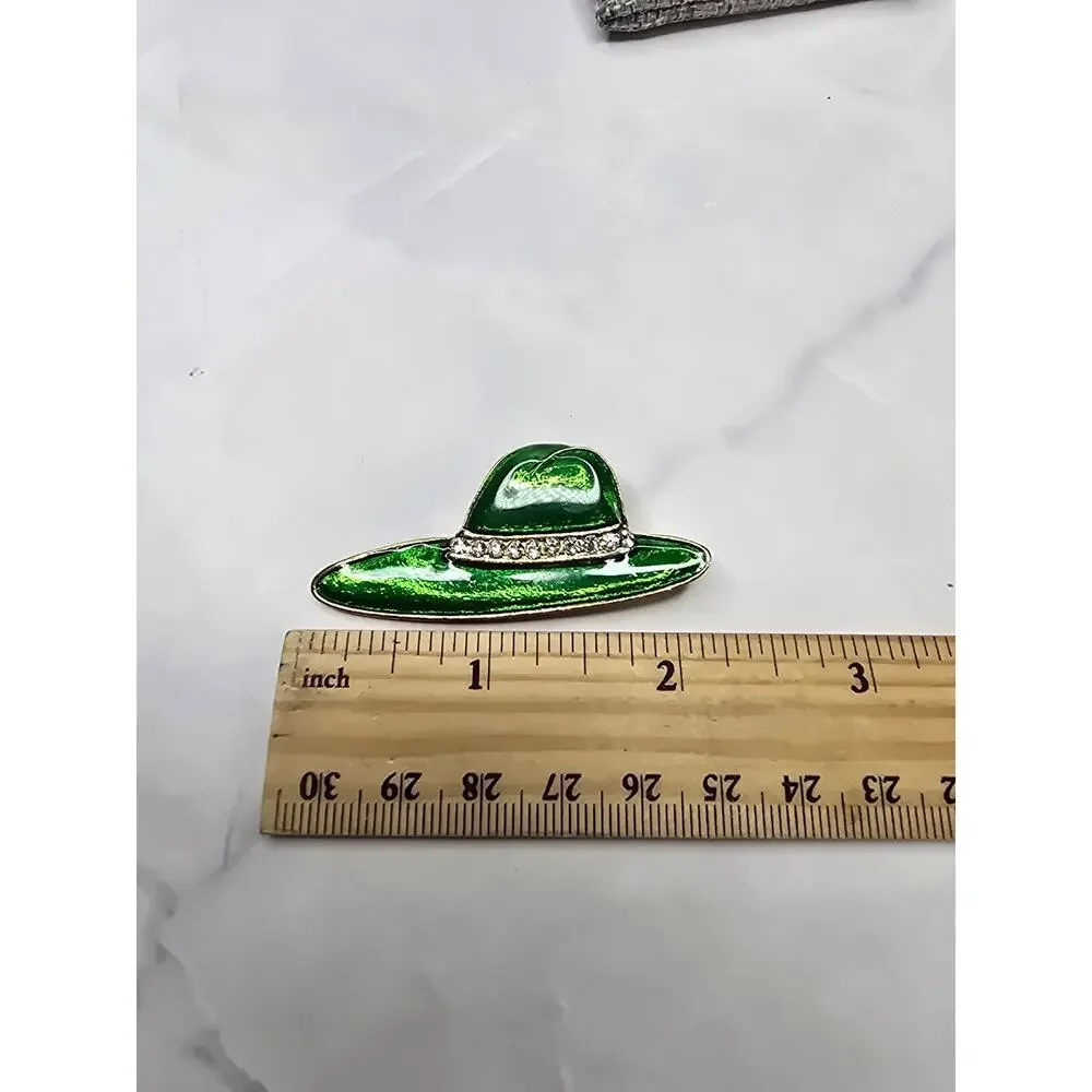 Painted Enamel Embellished Green Hat Brooch